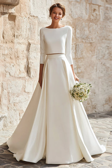 Ivoire bateau col satin 2 pièces balayage traîne une robe de mariée en ligne